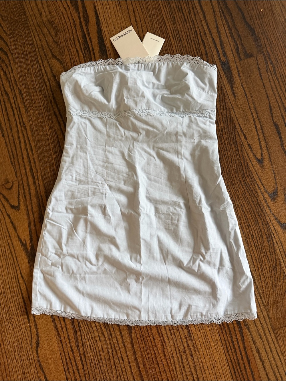 Peppermayo Strapless Baby-Blue Lace-Trim Mini Dress - size small